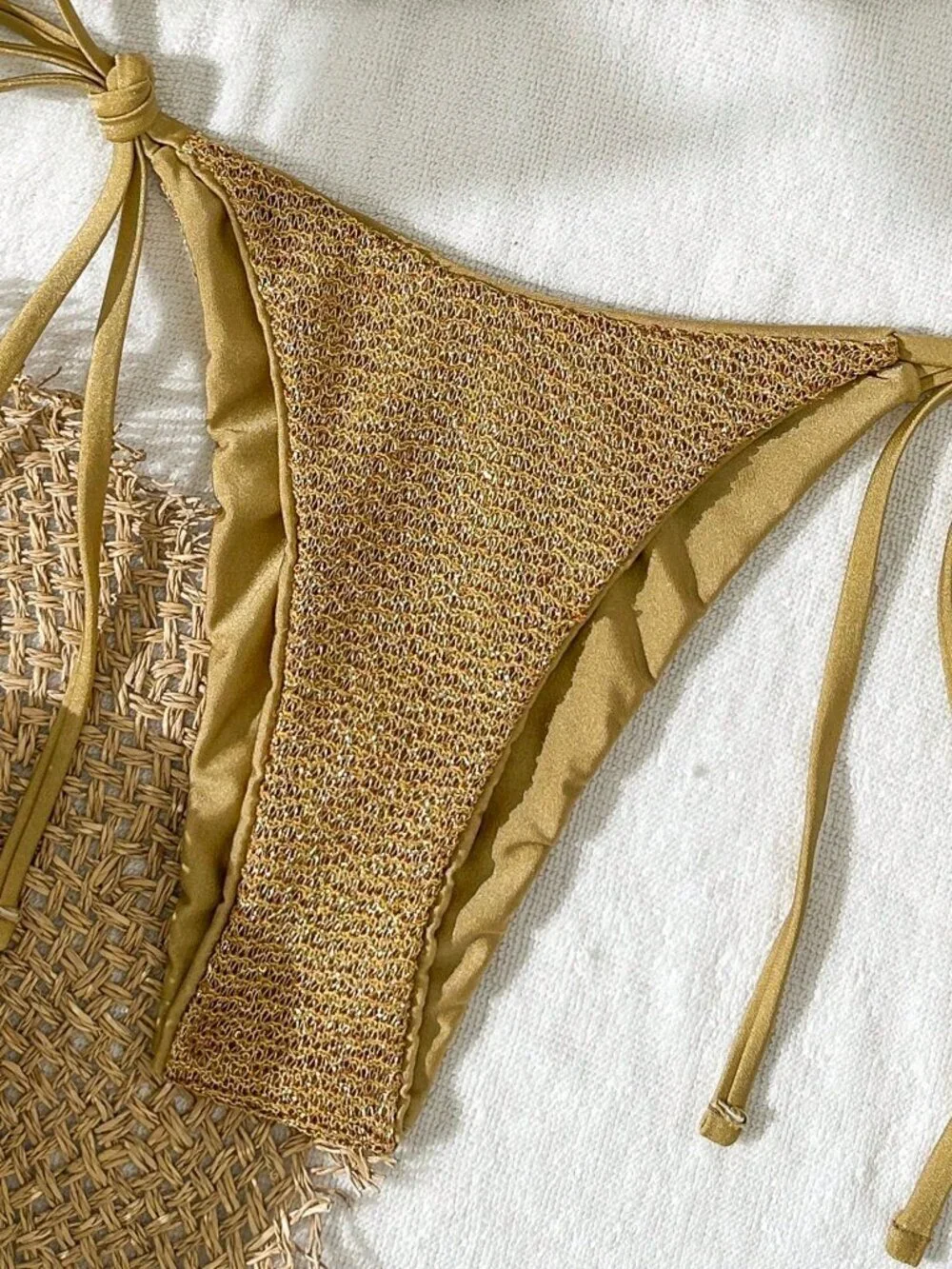 Brown Sequin Textured Women's 2-Piece Halter Triangle Bra Bikini Set